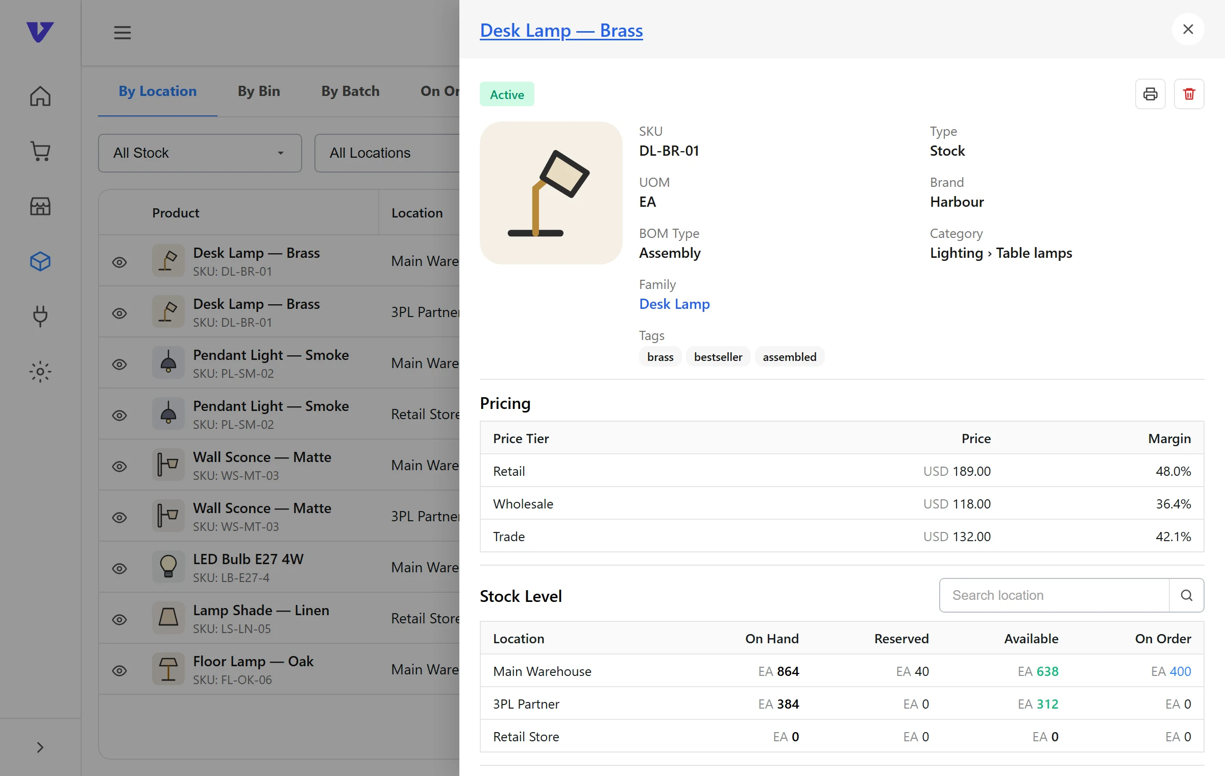 Illustrative VentryHub screen: product availability with the Quick View panel open for a desk lamp, showing pricing tiers and stock by location.