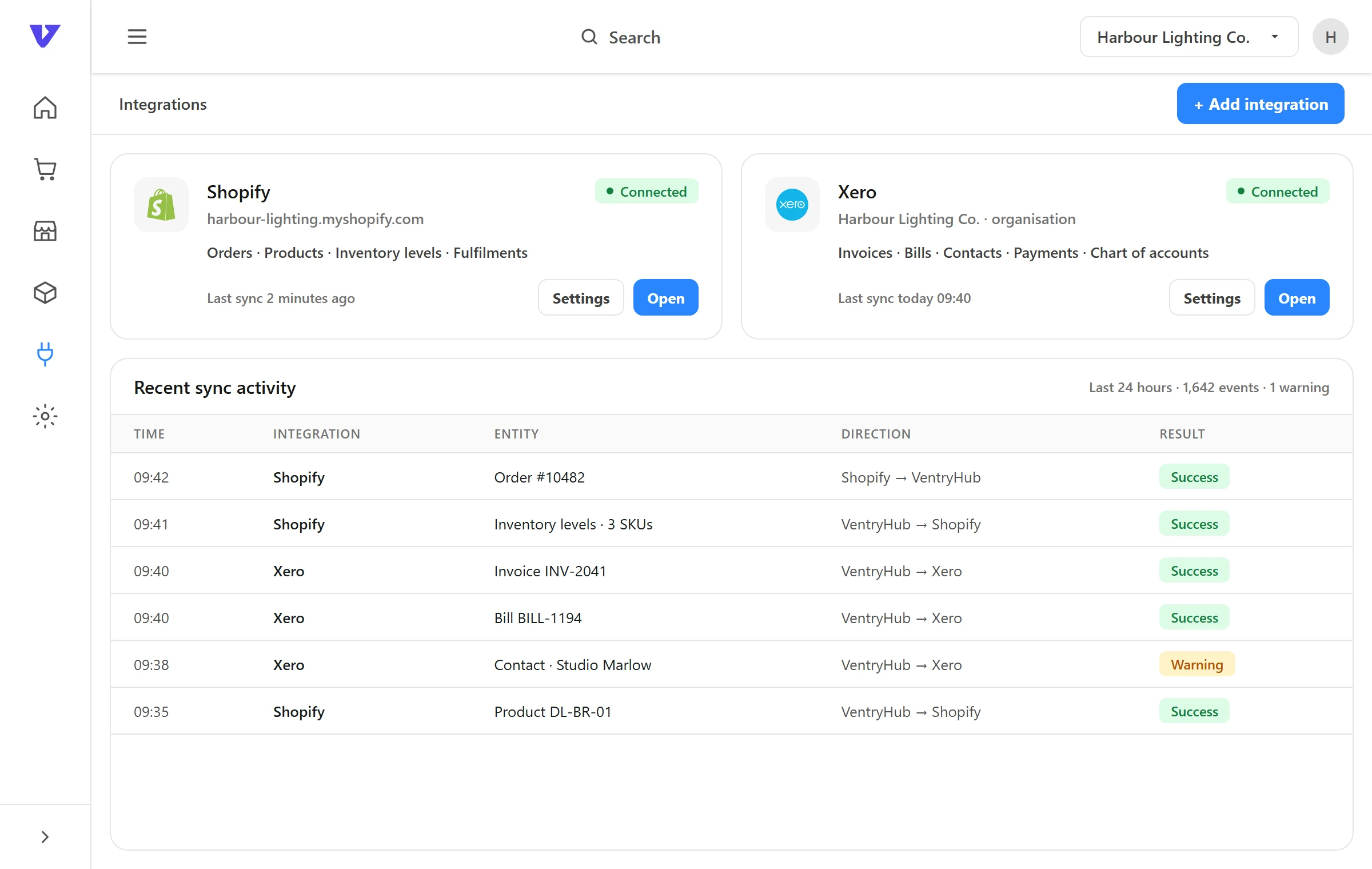Illustrative VentryHub screen: integrations page with connected channels and recent sync activity.