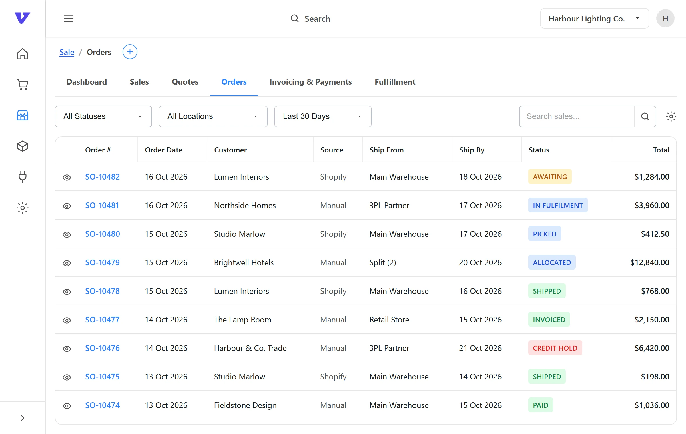 Illustrative VentryHub screen: sales orders from several channels with ship-from location and status.